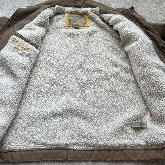 American Eagle Chore Jacket Mens Large Y2K Canvas Sherpa Lined Brown Full Zip - Picture 7 of 8